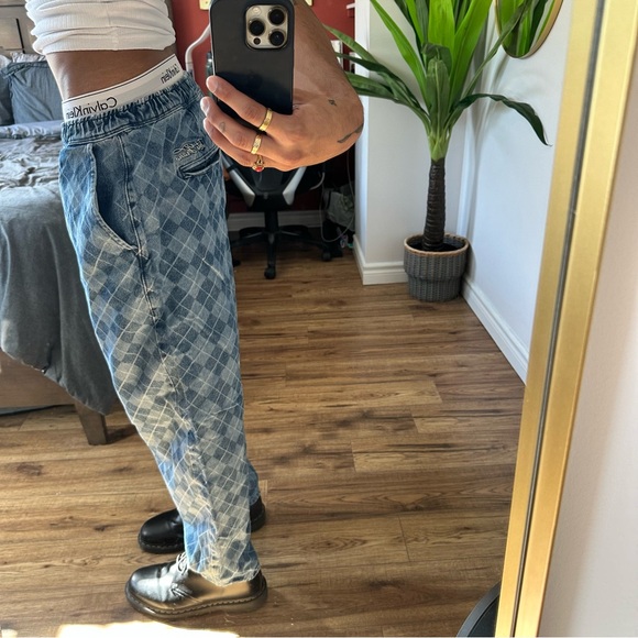 URBAN OUTFITTERS DENIM BEACH PANTS - BLUE CHECKERBOARD - Picture 7 of 7